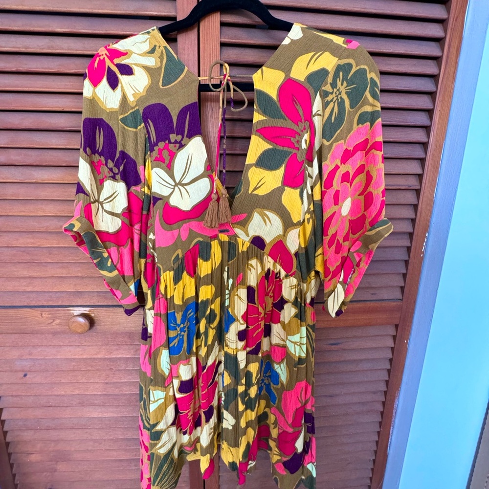O’Neill Adalyn V-Neck Plunge Woven Dolman-Sleeve Mini Dress Tropical Print Sz M
